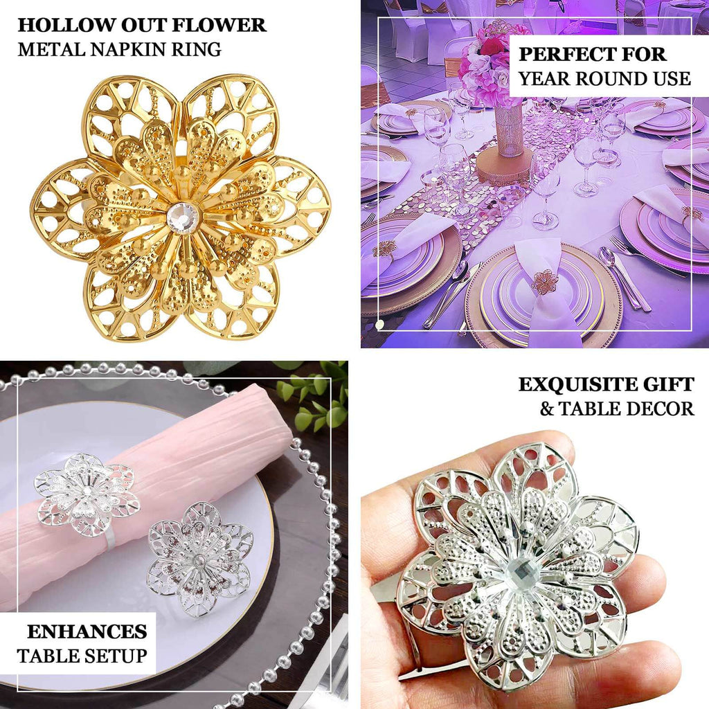 4 Pack Gold Metal Hollow Sun Flower Napkin Rings, Modern Flower Shaped Napkin Bands - Bell Racket Store