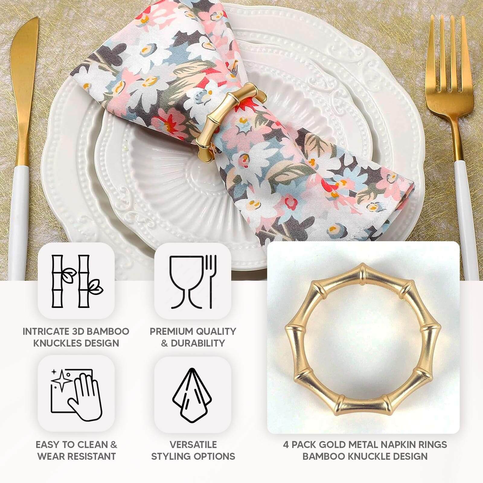4 Pack Gold Metal Napkin Rings Bamboo Knuckle Style, Modern Serviette Holders - 2" - Bell Racket Store