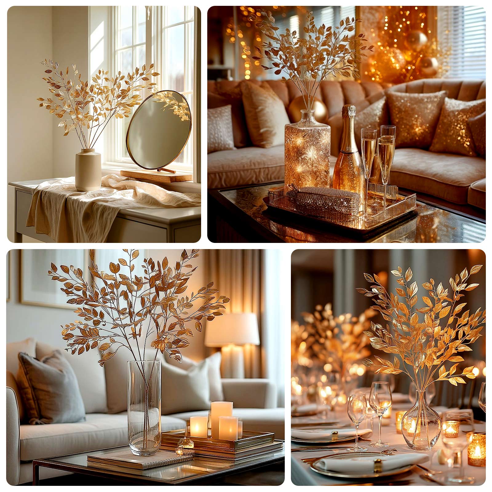 4 Pack Gold Metallic Artificial Leaf Sprays 33â€ â€“ Italian Ruscus Branches Plastic Greenery for Decorative Arrangements - Bell Racket Store