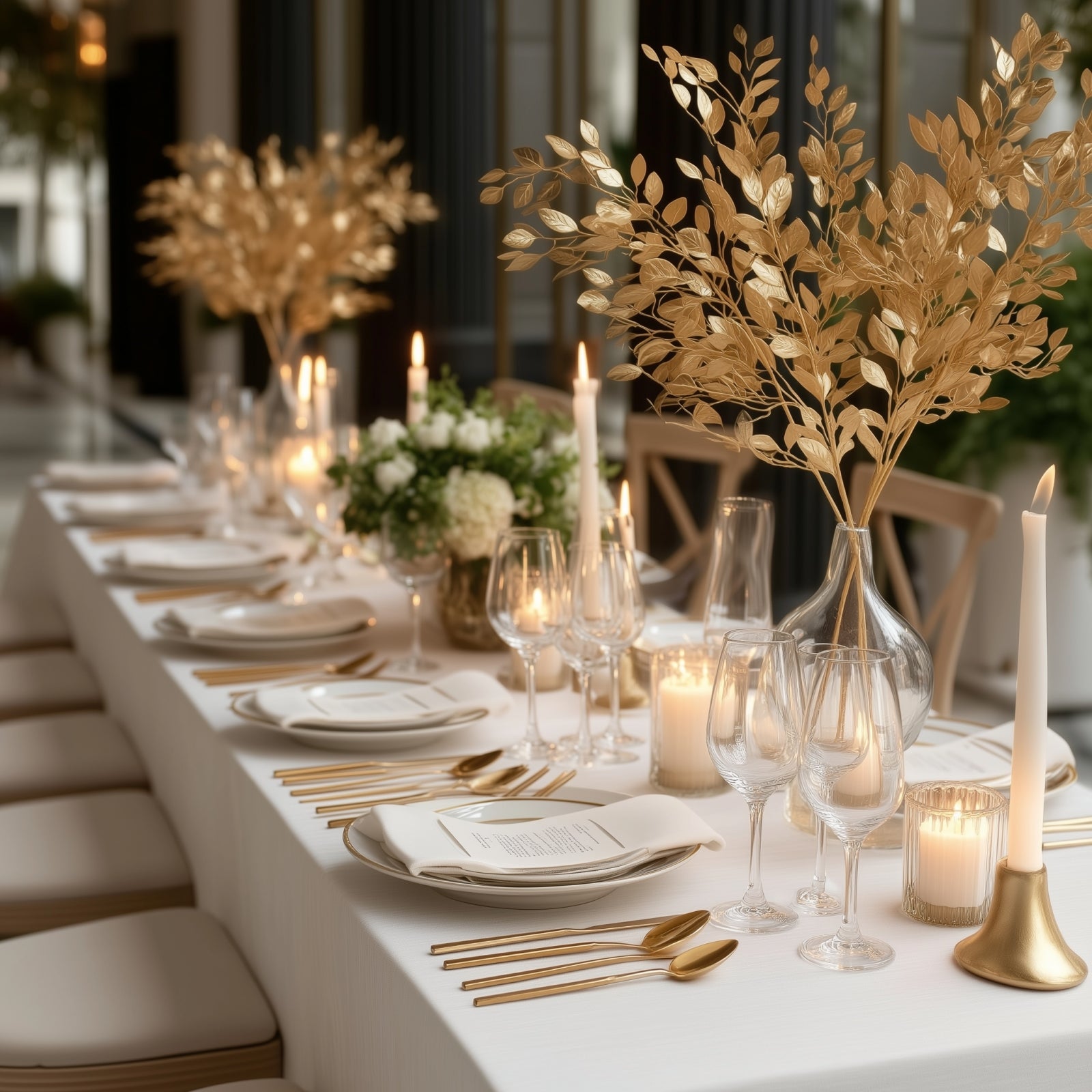 4 Pack Gold Metallic Artificial Leaf Sprays 33â€ â€“ Italian Ruscus Branches Plastic Greenery for Decorative Arrangements - Bell Racket Store