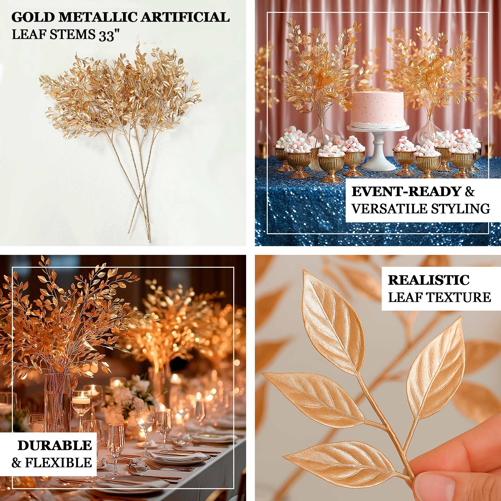 4 Pack Gold Metallic Artificial Leaf Sprays 33â€ â€“ Italian Ruscus Branches Plastic Greenery for Decorative Arrangements - Bell Racket Store