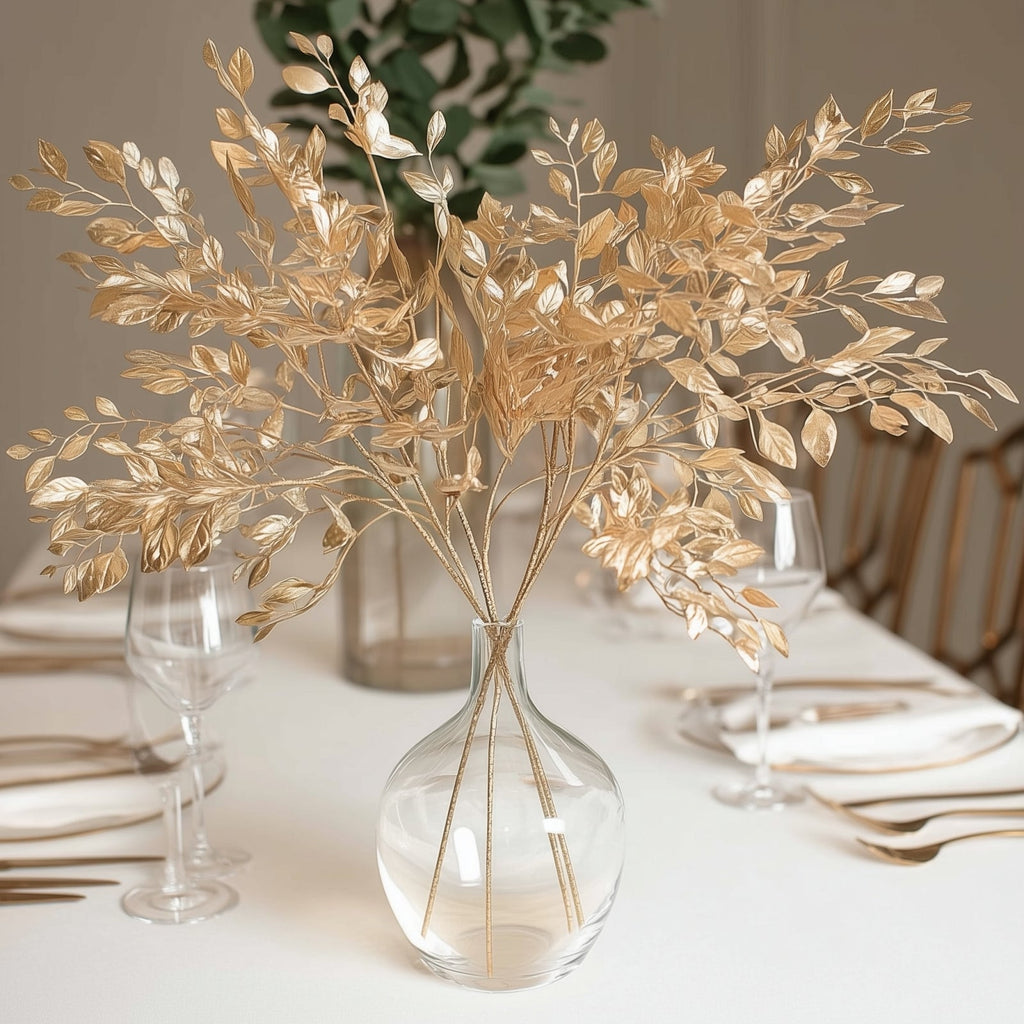 4 Pack Gold Metallic Artificial Leaf Sprays 33â€ â€“ Italian Ruscus Branches Plastic Greenery for Decorative Arrangements - Bell Racket Store