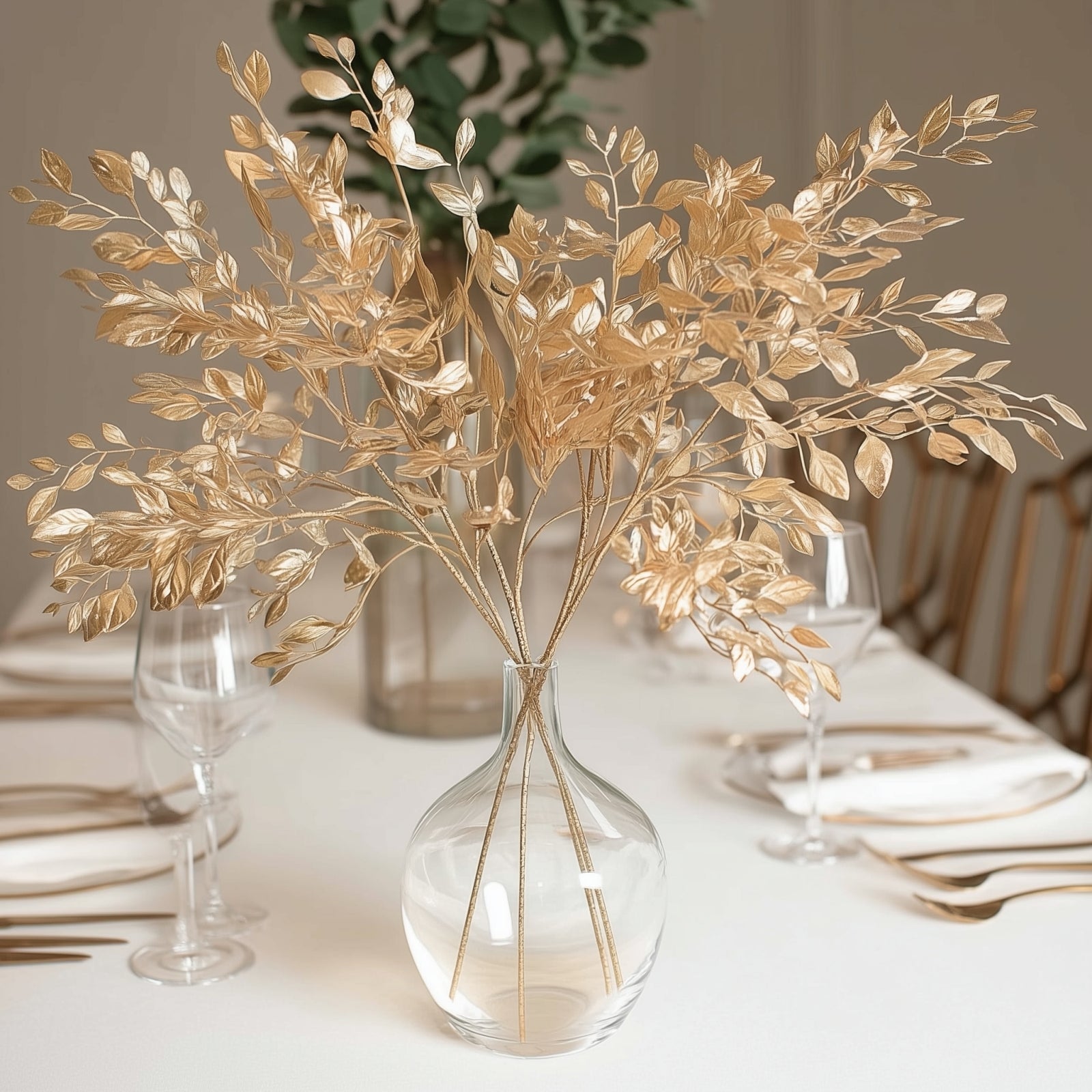 4 Pack Gold Metallic Artificial Leaf Sprays 33â€ â€“ Italian Ruscus Branches Plastic Greenery for Decorative Arrangements - Bell Racket Store