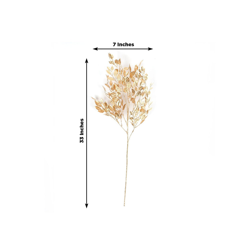 4 Pack Gold Metallic Artificial Leaf Sprays 33â€ â€“ Italian Ruscus Branches Plastic Greenery for Decorative Arrangements - Bell Racket Store