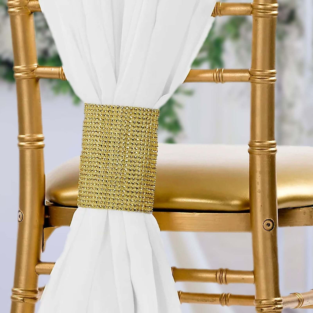 4 Pack Gold Rhinestone Mesh Velcro Backdrop Curtain Bands, Large Chair Sash Clip Tie Backs - 5"X10" - Bell Racket Store