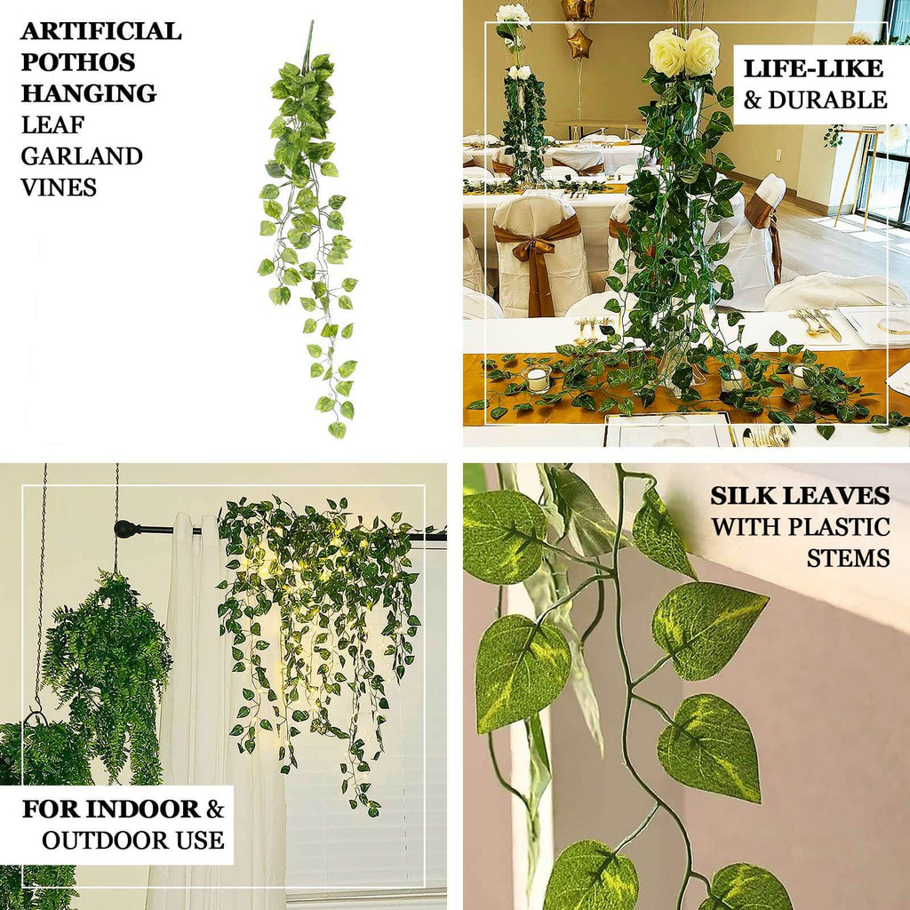 4 Pack Green Pothos Artificial Ivy Vine Hanging Plants, 3ft Fake Foliage Silk Leaves Garland - Bell Racket Store