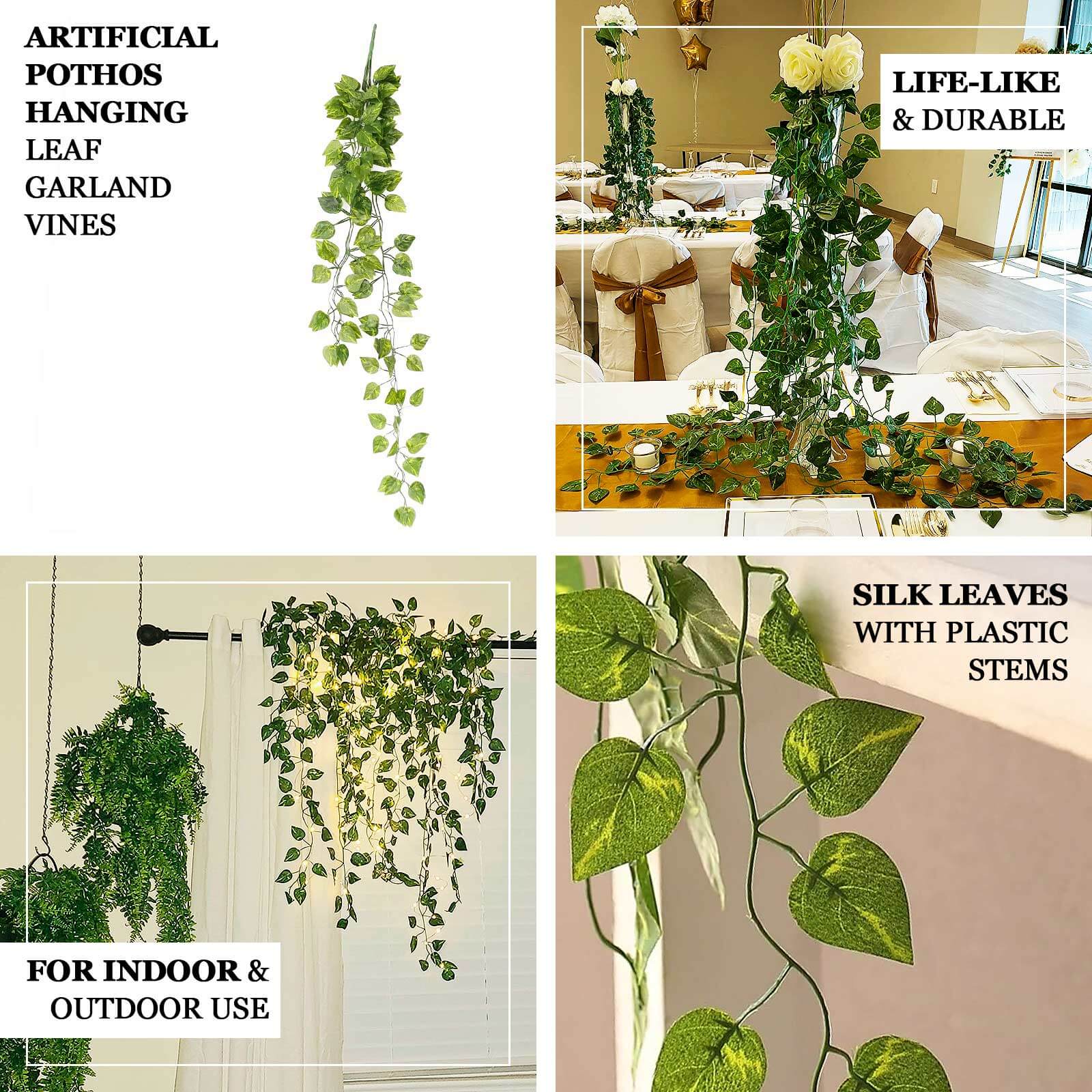 4 Pack Green Pothos Artificial Ivy Vine Hanging Plants, 3ft Fake Foliage Silk Leaves Garland - Bell Racket Store