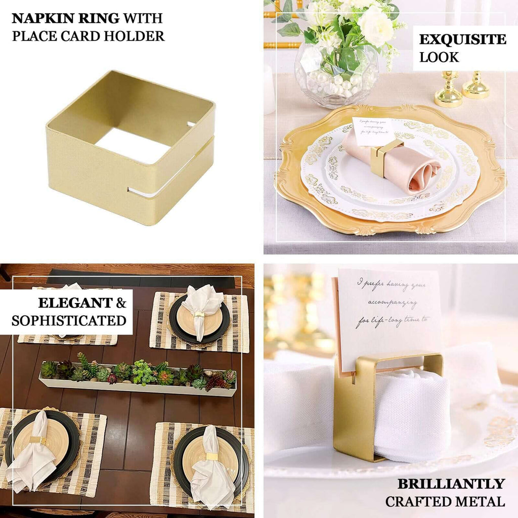 4 Pack Matte Gold Metal Square Napkin Rings with Place Card Holder, Modern Design Multipurpose Napkins Rings - Bell Racket Store