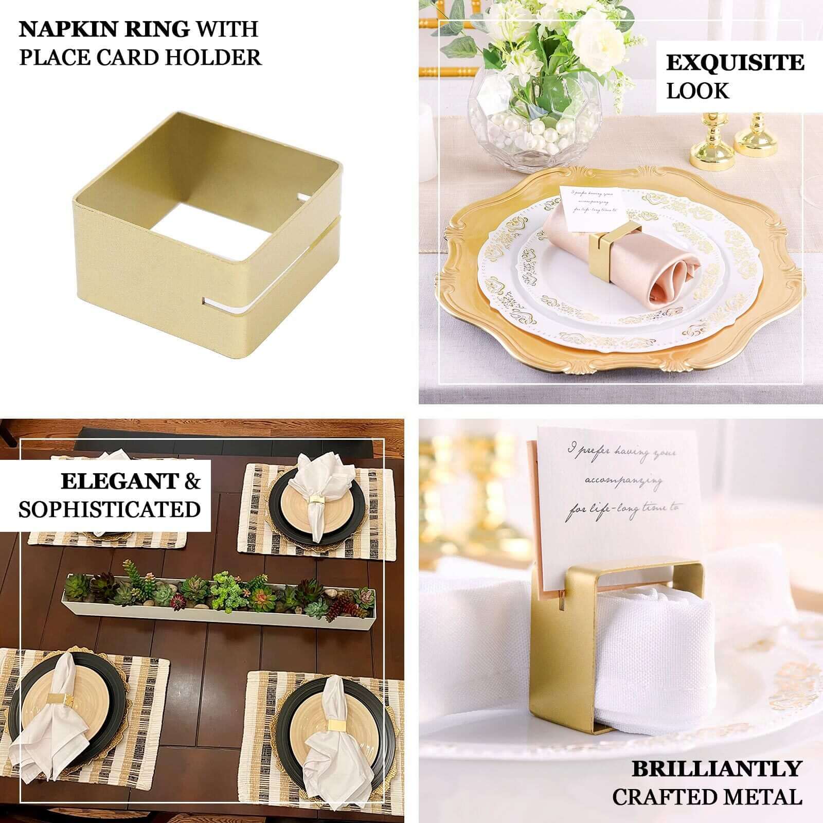 4 Pack Matte Gold Metal Square Napkin Rings with Place Card Holder, Modern Design Multipurpose Napkins Rings - Bell Racket Store