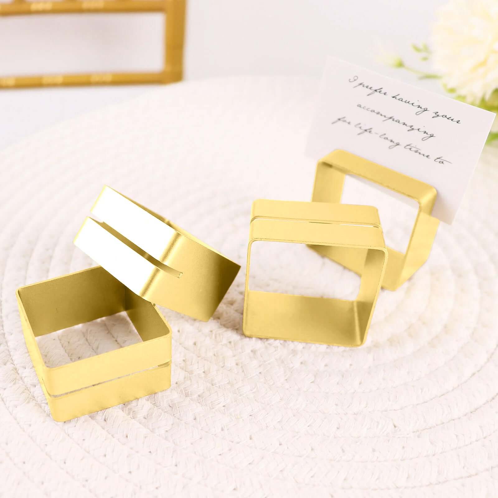 4 Pack Matte Gold Metal Square Napkin Rings with Place Card Holder, Modern Design Multipurpose Napkins Rings - Bell Racket Store
