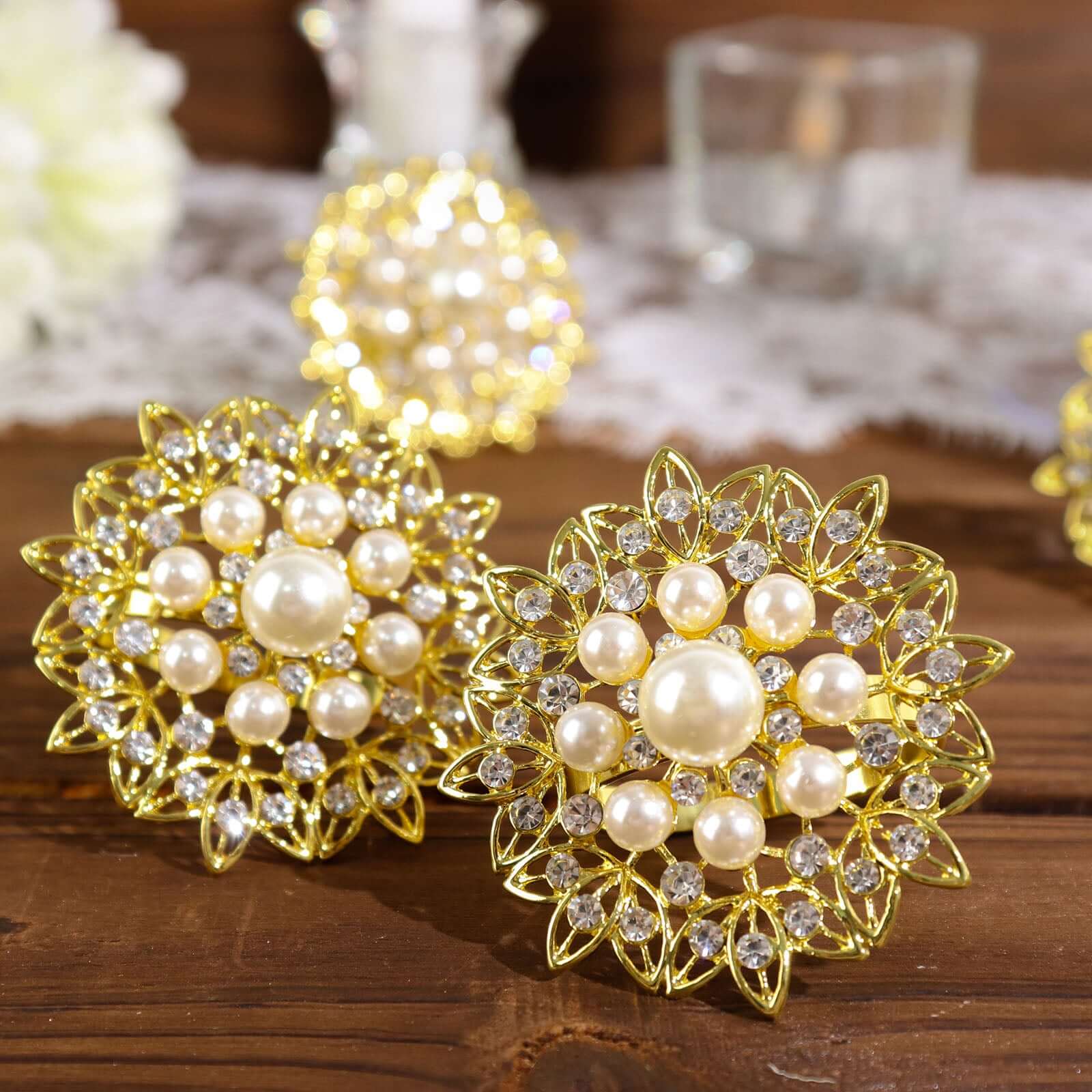4 Pack Pearl And Diamond Rhinestone Flower Gold Metal Napkin Rings, Decorative Napkin Buckle Holders - Bell Racket Store