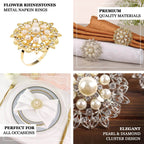 4 Pack Pearl And Diamond Rhinestone Flower Gold Metal Napkin Rings, Decorative Napkin Buckle Holders - Bell Racket Store