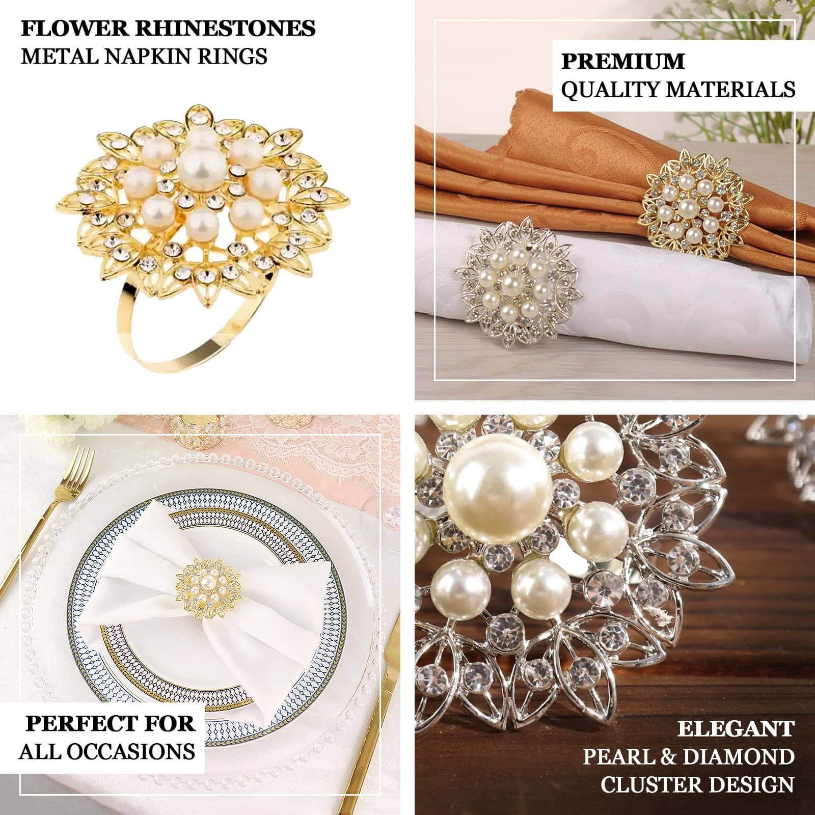 4 Pack Pearl And Diamond Rhinestone Flower Gold Metal Napkin Rings, Decorative Napkin Buckle Holders - Bell Racket Store