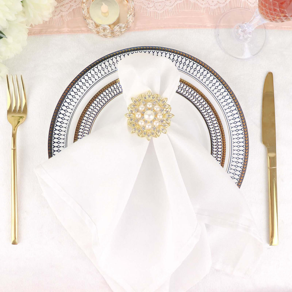 4 Pack Pearl And Diamond Rhinestone Flower Gold Metal Napkin Rings, Decorative Napkin Buckle Holders - Bell Racket Store