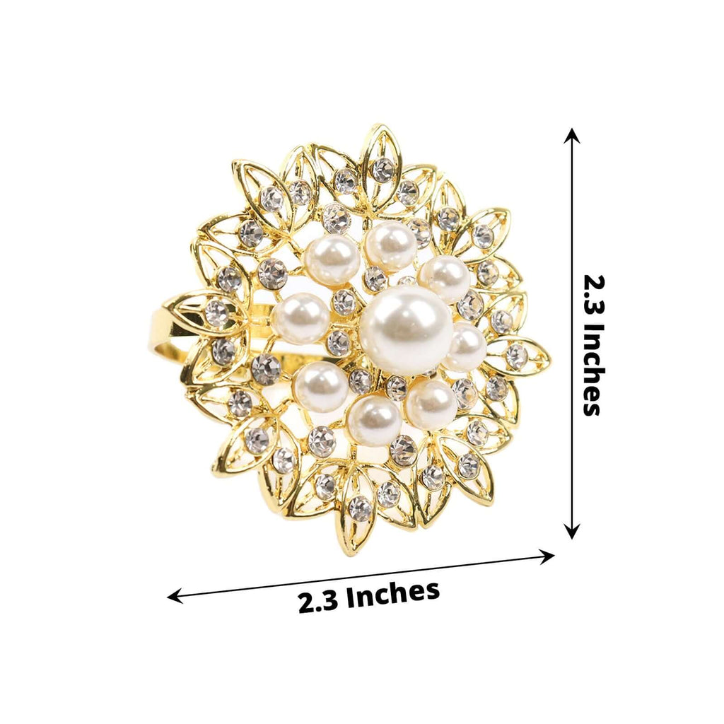 4 Pack Pearl And Diamond Rhinestone Flower Gold Metal Napkin Rings, Decorative Napkin Buckle Holders - Bell Racket Store