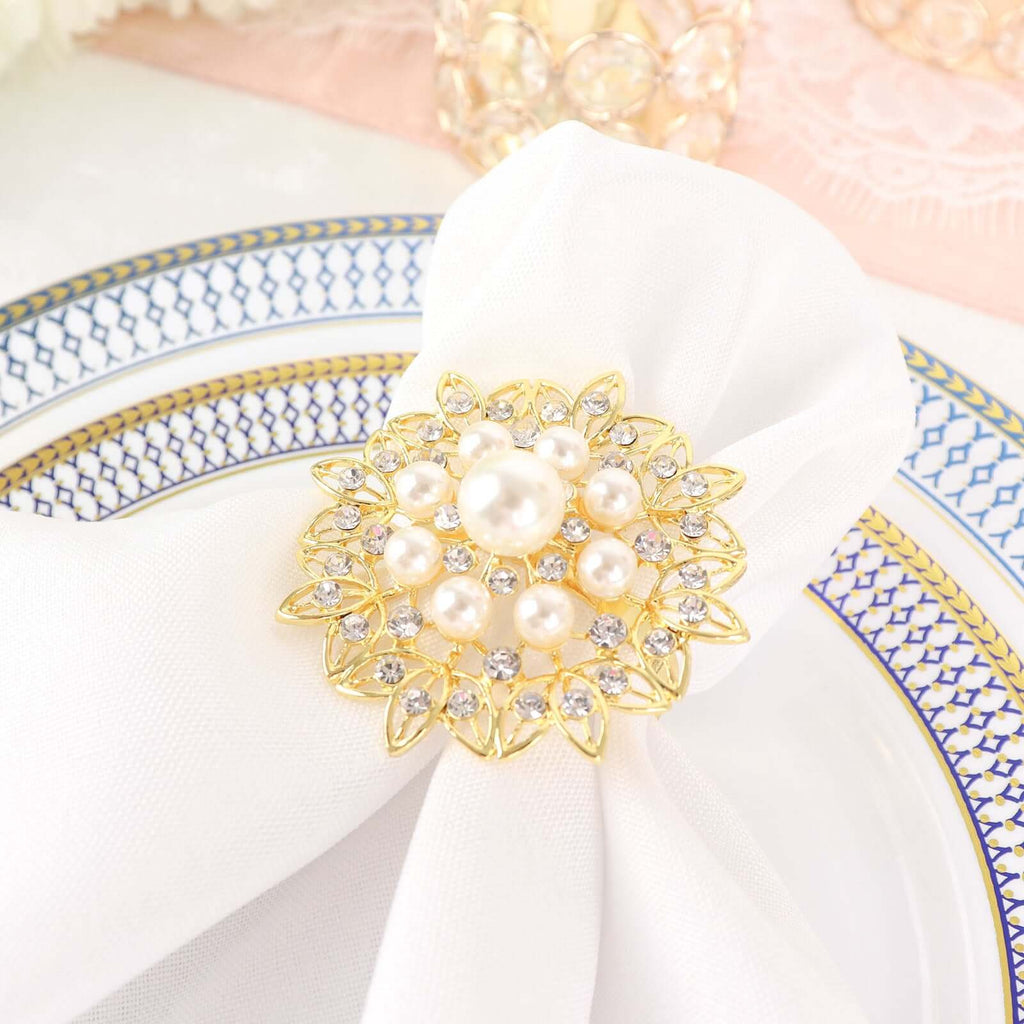 4 Pack Pearl And Diamond Rhinestone Flower Gold Metal Napkin Rings, Decorative Napkin Buckle Holders - Bell Racket Store