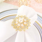4 Pack Pearl And Diamond Rhinestone Flower Gold Metal Napkin Rings, Decorative Napkin Buckle Holders - Bell Racket Store