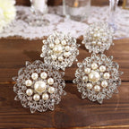 4 Pack Pearl And Diamond Rhinestone Flower Silver Metal Napkin Rings, Decorative Napkin Buckle Holders - Bell Racket Store