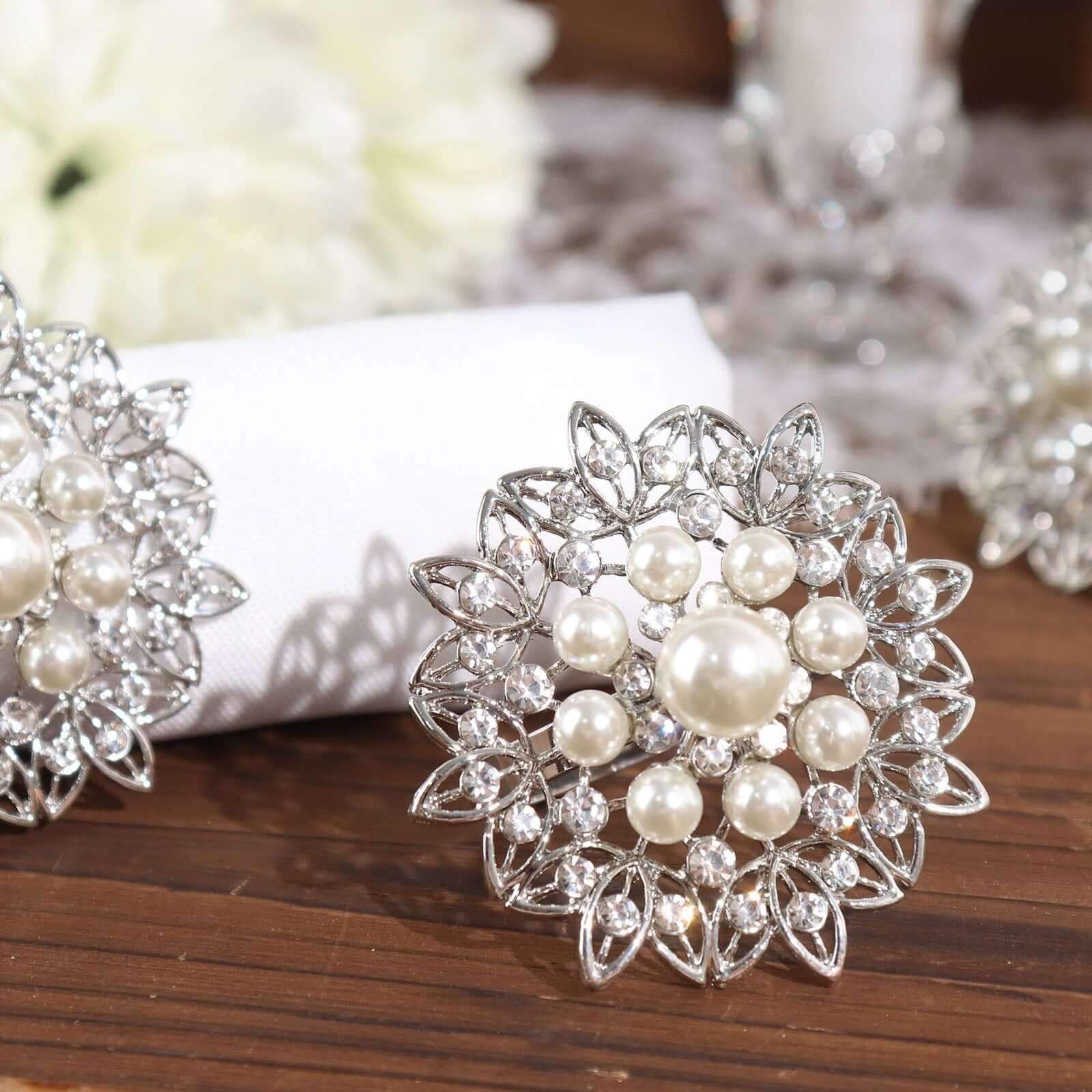 4 Pack Pearl And Diamond Rhinestone Flower Silver Metal Napkin Rings, Decorative Napkin Buckle Holders - Bell Racket Store