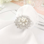 4 Pack Pearl And Diamond Rhinestone Flower Silver Metal Napkin Rings, Decorative Napkin Buckle Holders - Bell Racket Store