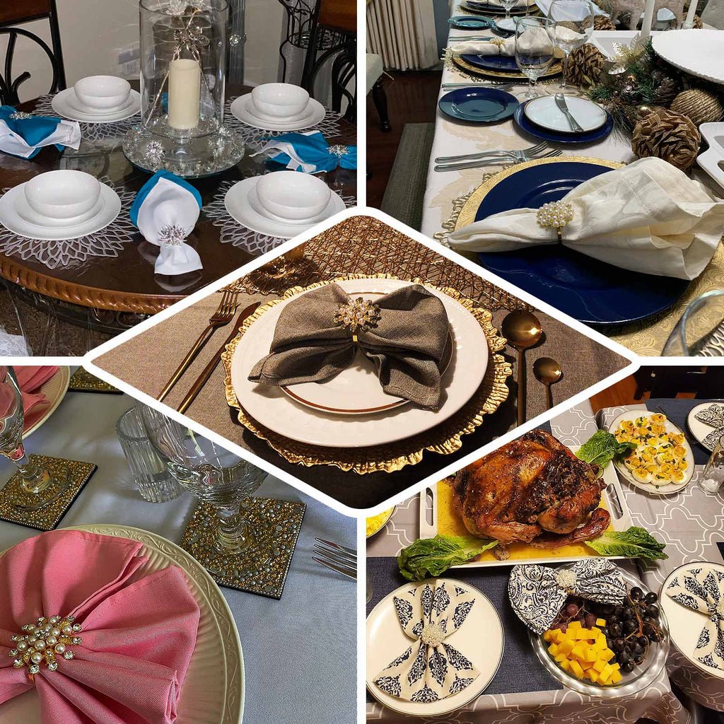 4 Pack Pearl And Diamond Rhinestone Flower Silver Metal Napkin Rings, Decorative Napkin Buckle Holders - Bell Racket Store