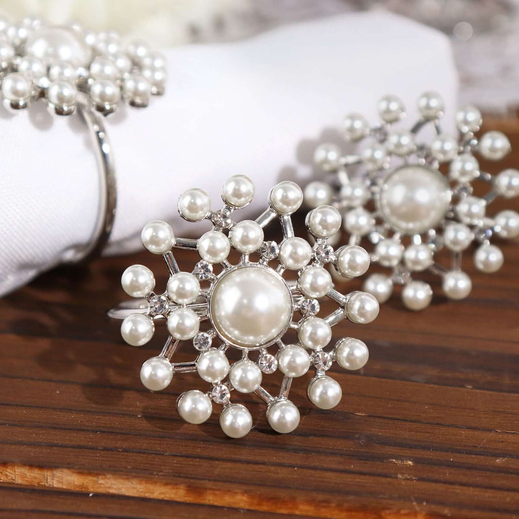 4 Pack Pearl And Diamond Rhinestone Silver Metal Napkin Rings, Decorative Napkin Buckle Holders - Bell Racket Store