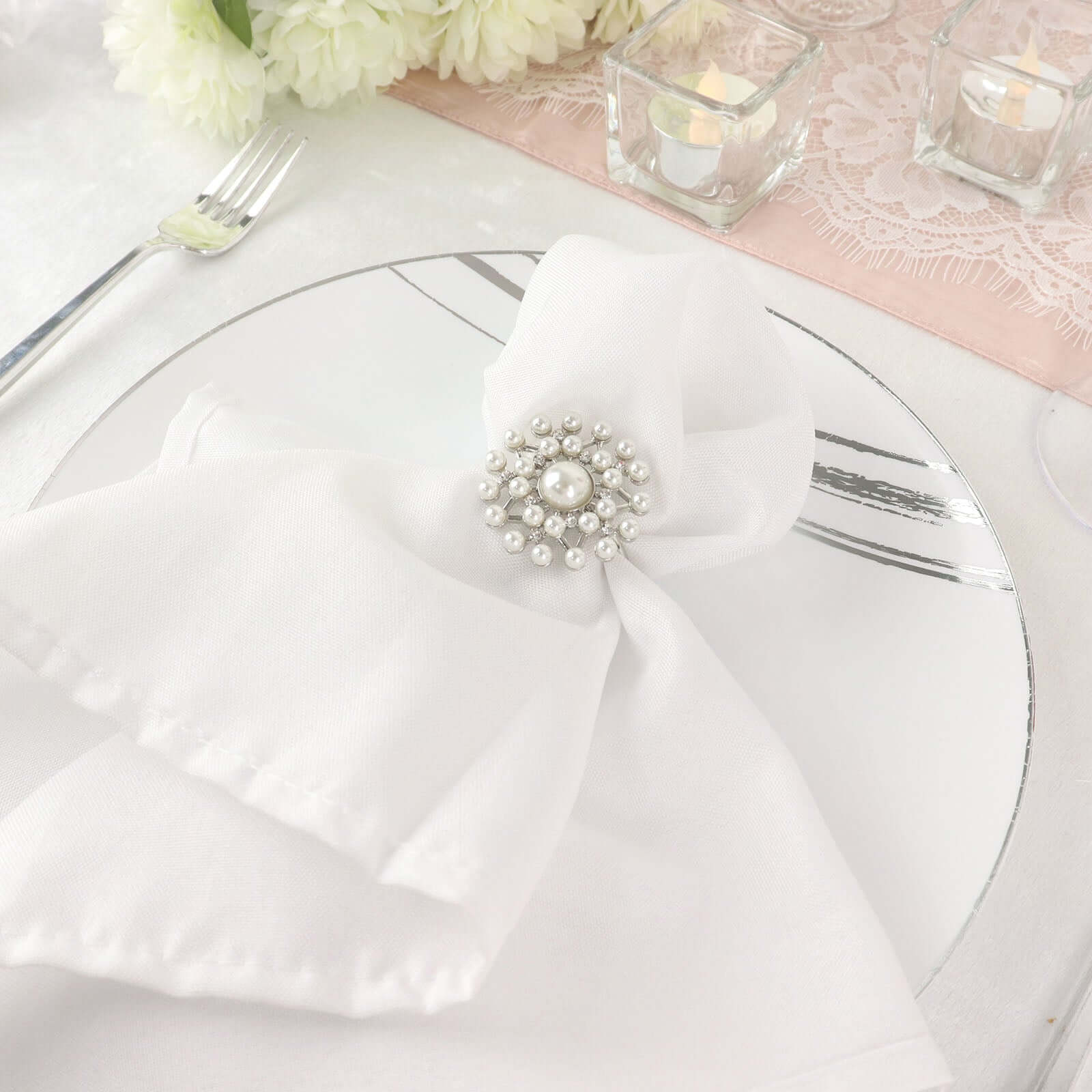 4 Pack Pearl And Diamond Rhinestone Silver Metal Napkin Rings, Decorative Napkin Buckle Holders - Bell Racket Store