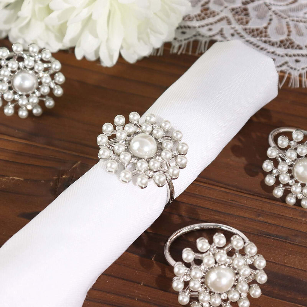 4 Pack Pearl And Diamond Rhinestone Silver Metal Napkin Rings, Decorative Napkin Buckle Holders - Bell Racket Store