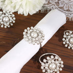 4 Pack Pearl And Diamond Rhinestone Silver Metal Napkin Rings, Decorative Napkin Buckle Holders - Bell Racket Store