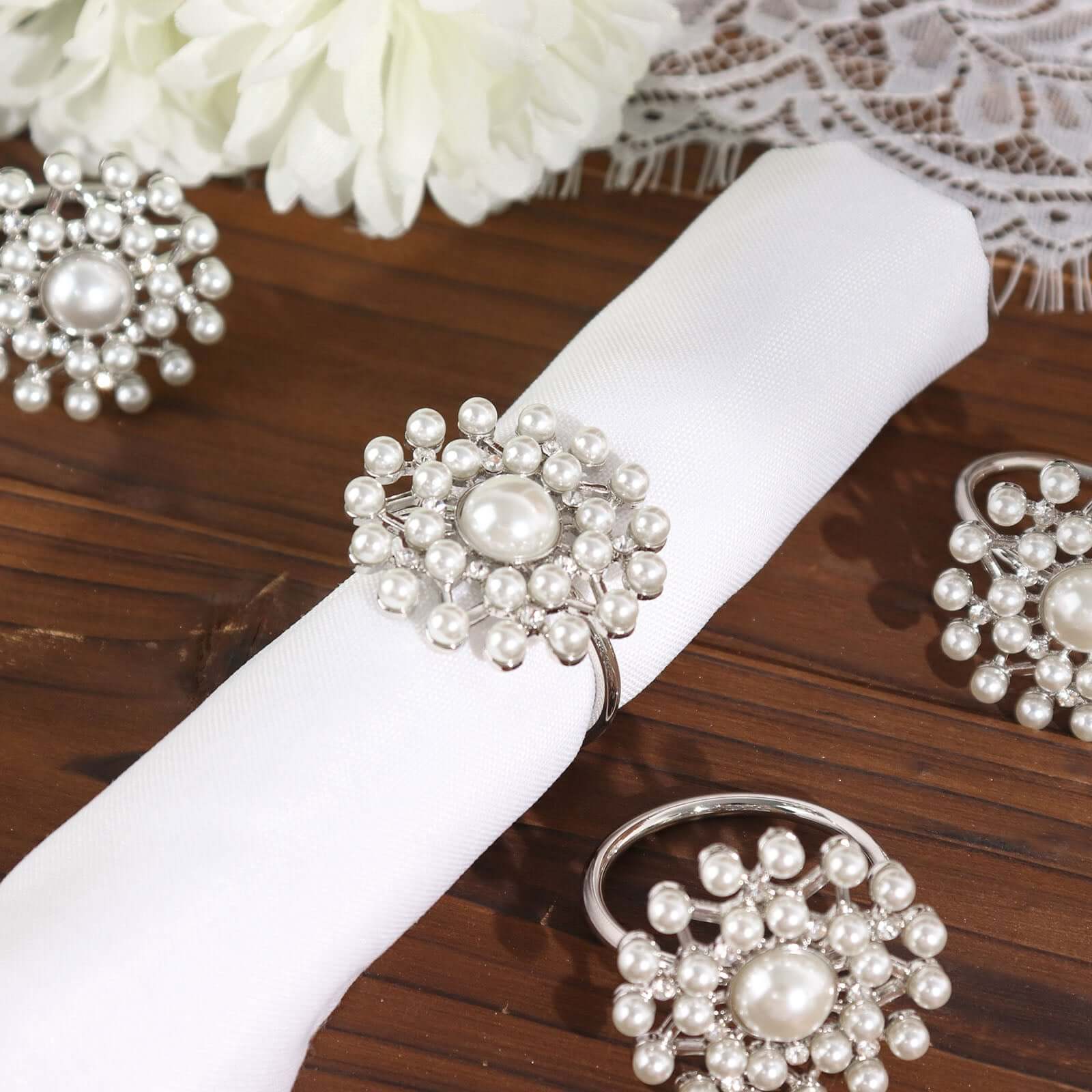 4 Pack Pearl And Diamond Rhinestone Silver Metal Napkin Rings, Decorative Napkin Buckle Holders - Bell Racket Store