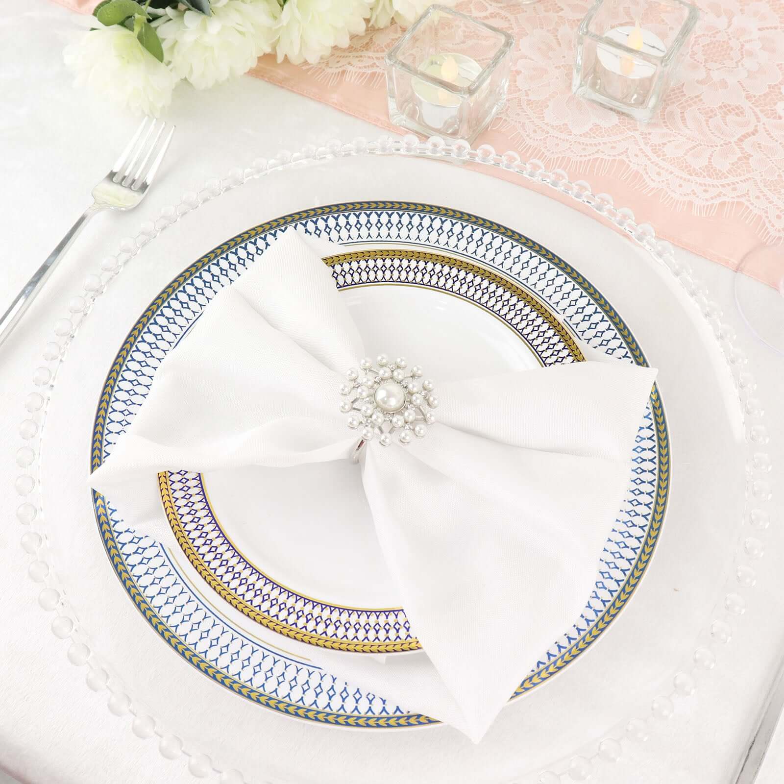 4 Pack Pearl And Diamond Rhinestone Silver Metal Napkin Rings, Decorative Napkin Buckle Holders - Bell Racket Store