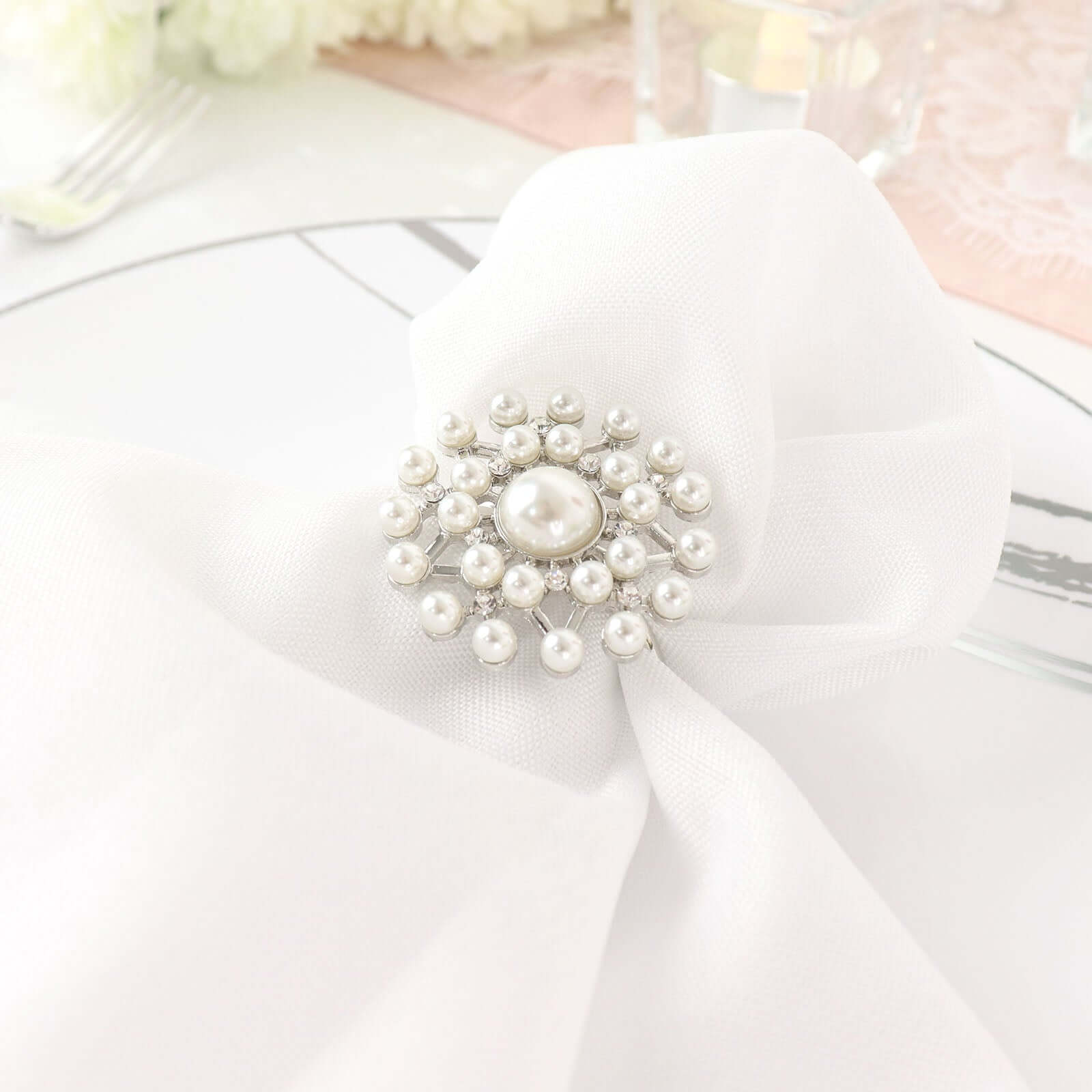 4 Pack Pearl And Diamond Rhinestone Silver Metal Napkin Rings, Decorative Napkin Buckle Holders - Bell Racket Store