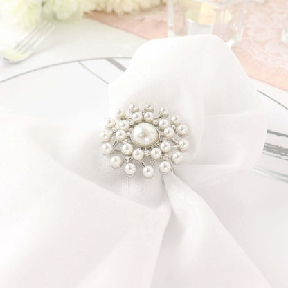 4 Pack Pearl And Diamond Rhinestone Silver Metal Napkin Rings, Decorative Napkin Buckle Holders - Bell Racket Store