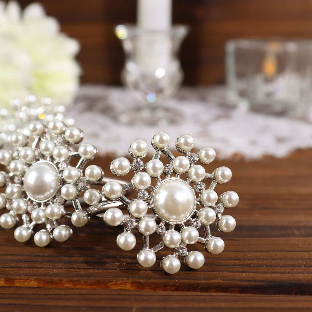 4 Pack Pearl And Diamond Rhinestone Silver Metal Napkin Rings, Decorative Napkin Buckle Holders - Bell Racket Store