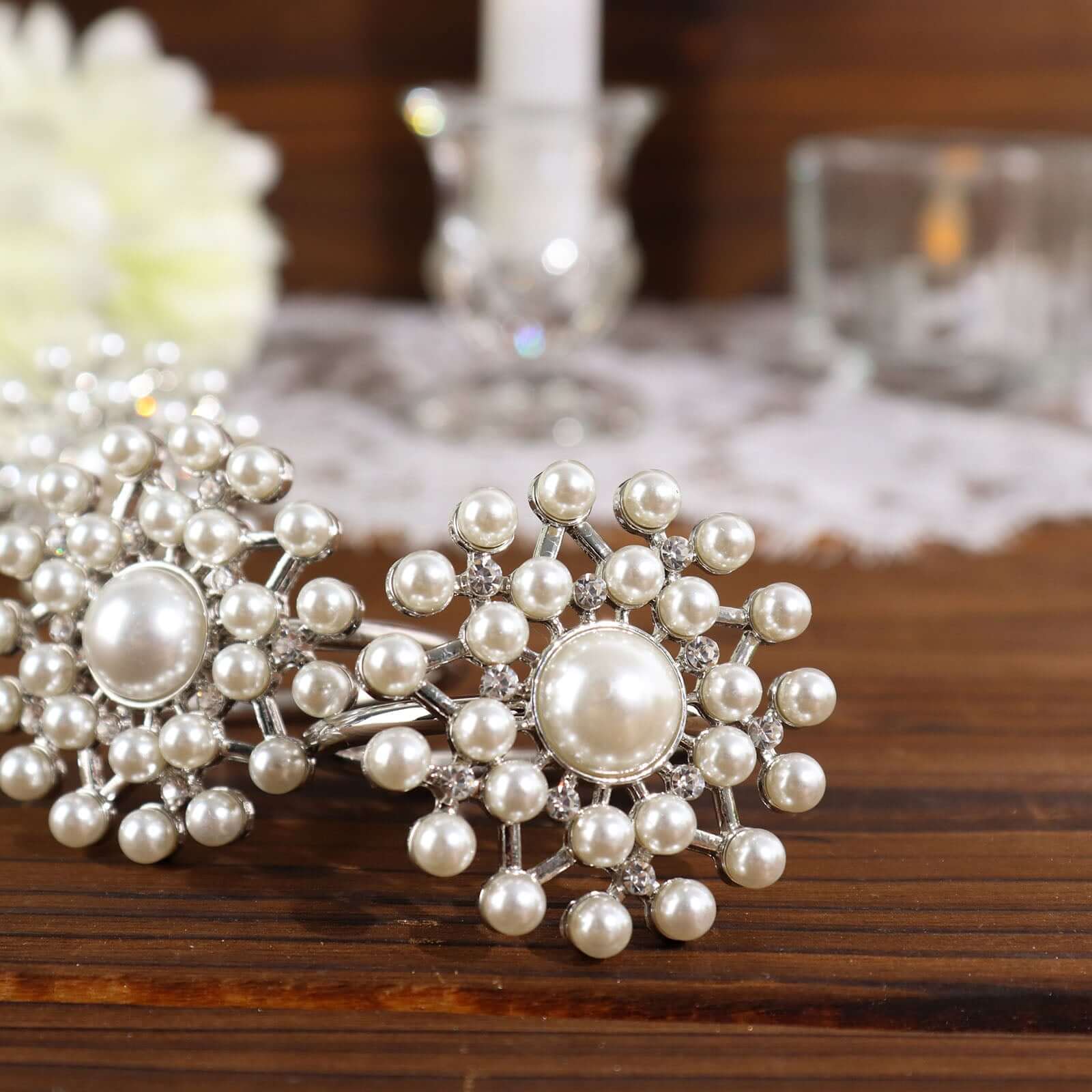 4 Pack Pearl And Diamond Rhinestone Silver Metal Napkin Rings, Decorative Napkin Buckle Holders - Bell Racket Store
