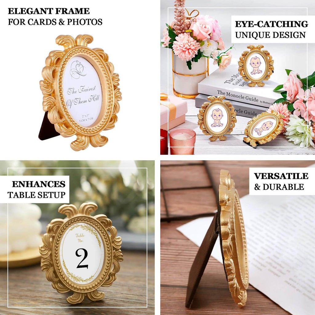 4 - Pack Picture Frames Gold Resin Decorative Baroque Oval Design - Beaded Place Card Holders & Party Favors 4" - Bell Racket Store