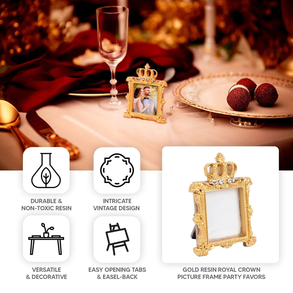 4 - Pack Picture Frames Gold Resin Royal Crown Design Square - Baroque Wedding Place Card Holders & Party Favors 3.5" - Bell Racket Store