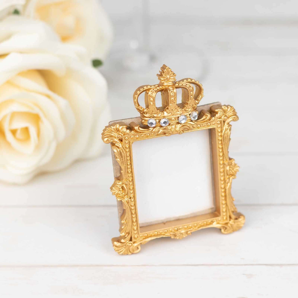4 - Pack Picture Frames Gold Resin Royal Crown Design Square - Baroque Wedding Place Card Holders & Party Favors 3.5" - Bell Racket Store