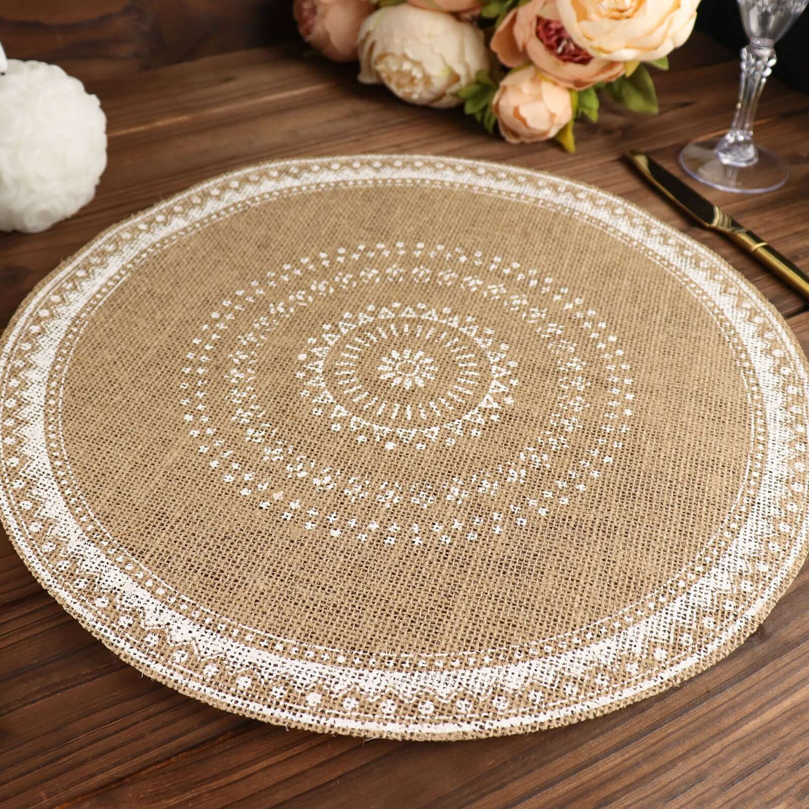 4 - Pack Placemats Braided Design Natural Jute and White Round - Rustic Burlap Woven Table Mats 15" - Bell Racket Store
