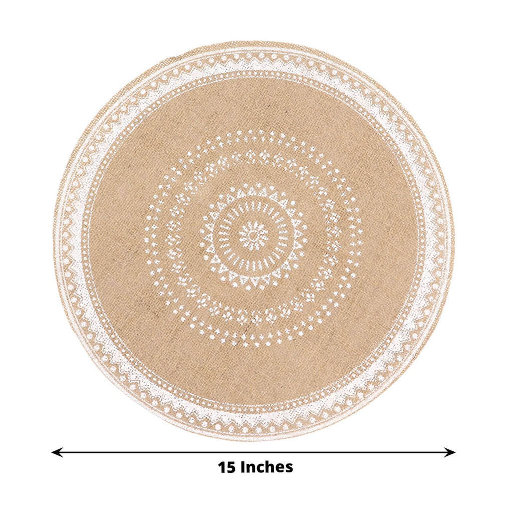4 - Pack Placemats Braided Design Natural Jute and White Round - Rustic Burlap Woven Table Mats 15" - Bell Racket Store