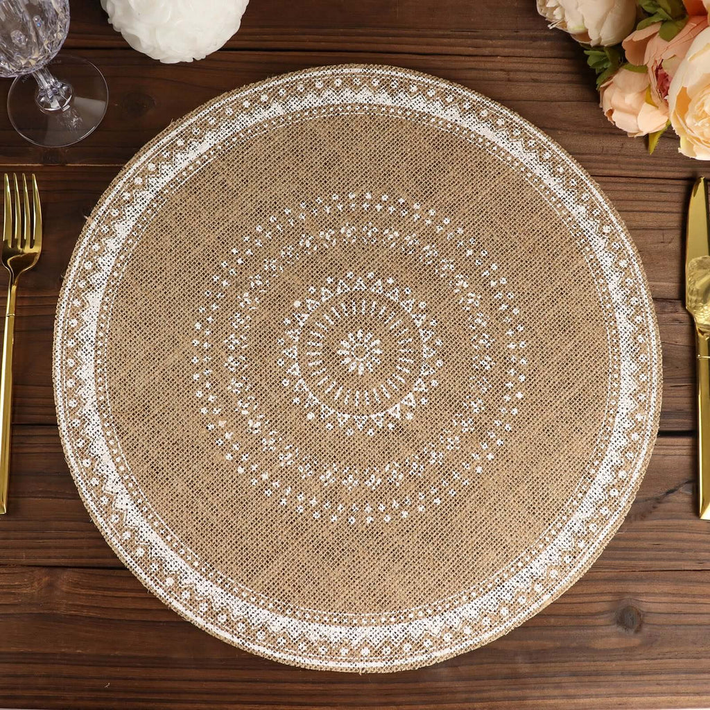 4 - Pack Placemats Braided Design Natural Jute and White Round - Rustic Burlap Woven Table Mats 15" - Bell Racket Store