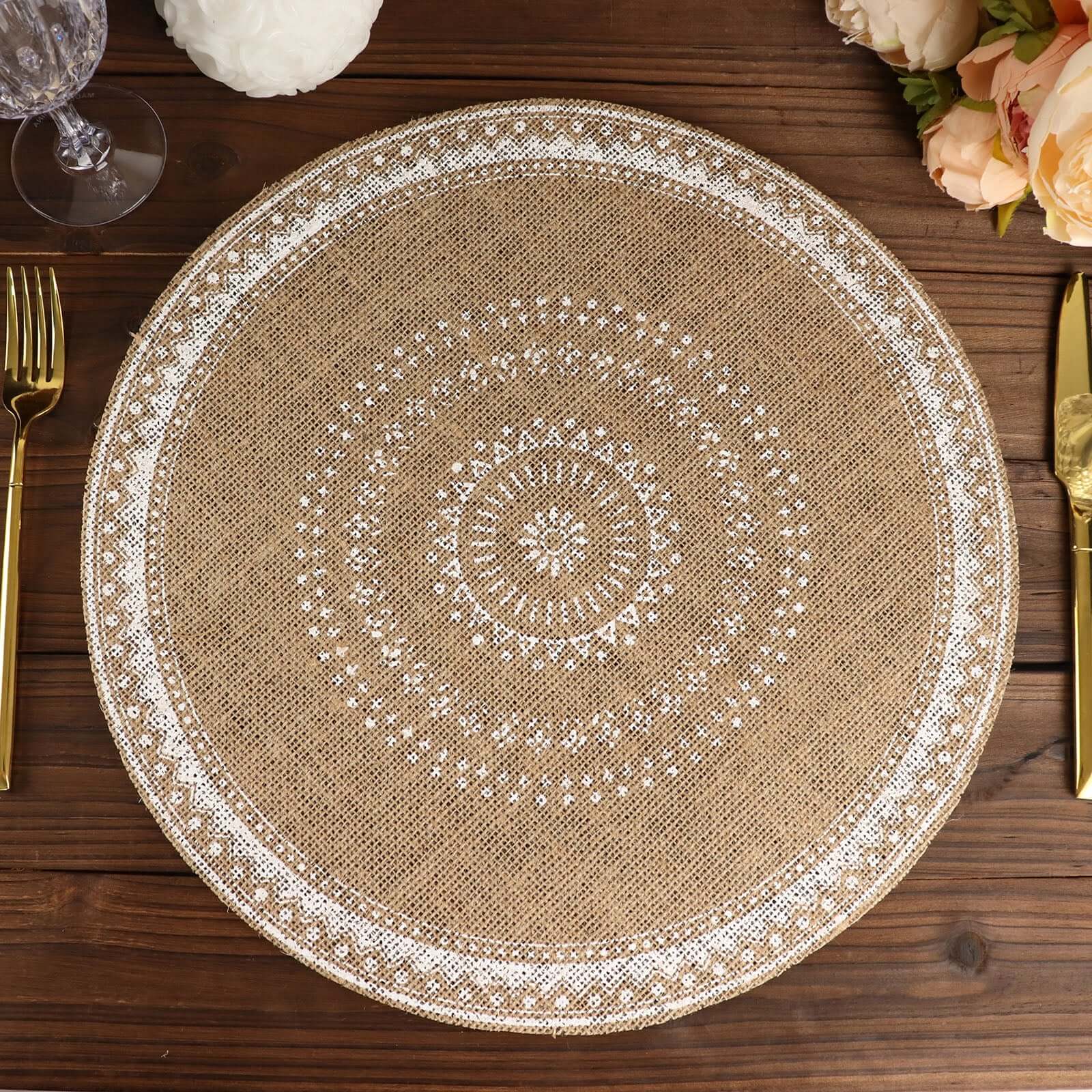 4 - Pack Placemats Braided Design Natural Jute and White Round - Rustic Burlap Woven Table Mats 15" - Bell Racket Store