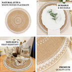 4 - Pack Placemats Braided Design Natural Jute and White Round - Rustic Burlap Woven Table Mats 15" - Bell Racket Store