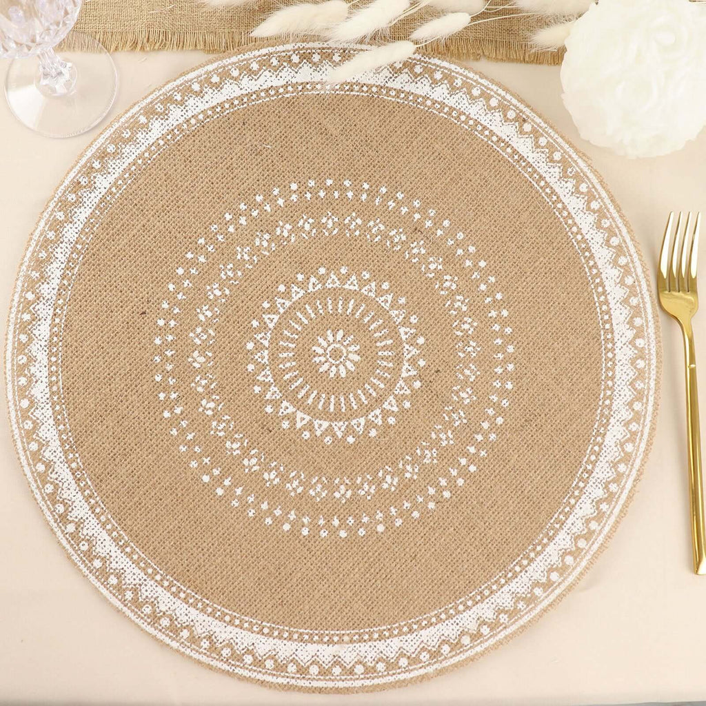 4 - Pack Placemats Braided Design Natural Jute and White Round - Rustic Burlap Woven Table Mats 15" - Bell Racket Store