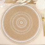 4 - Pack Placemats Braided Design Natural Jute and White Round - Rustic Burlap Woven Table Mats 15" - Bell Racket Store