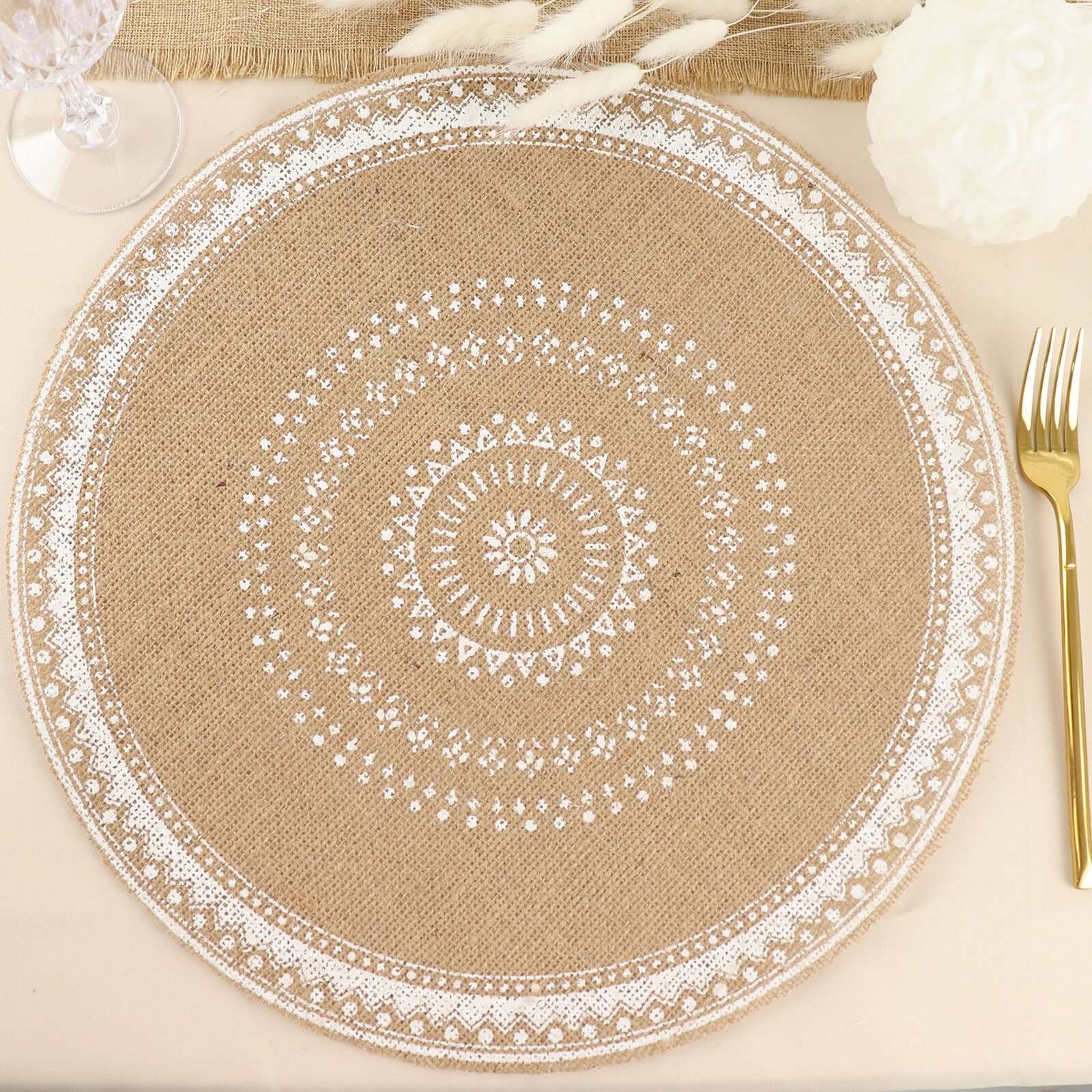 4 - Pack Placemats Braided Design Natural Jute and White Round - Rustic Burlap Woven Table Mats 15" - Bell Racket Store