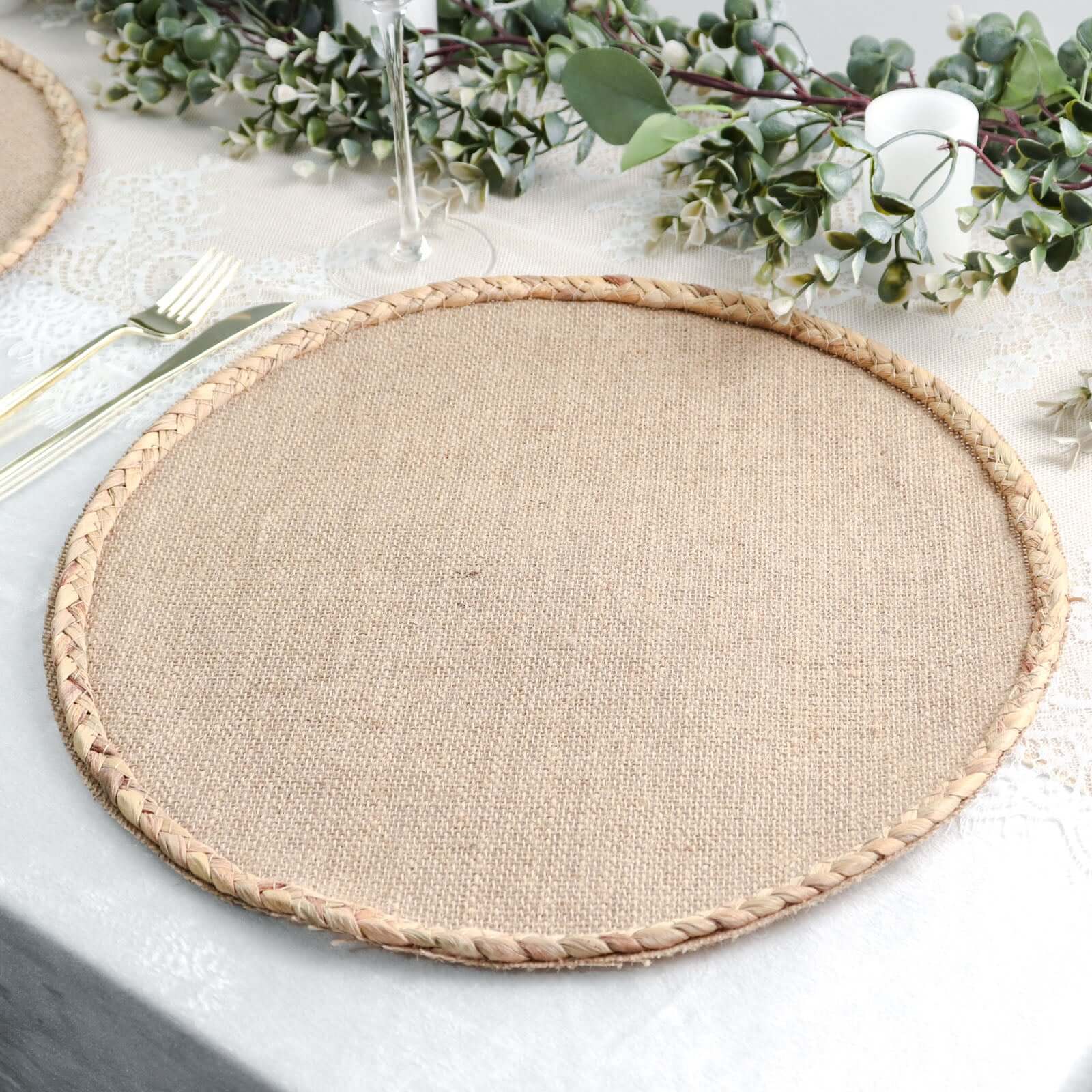 4 - Pack Placemats Braided Edge Design Natural Burlap Jute Round - Rustic Farmhouse Style with Trim 15" - Bell Racket Store