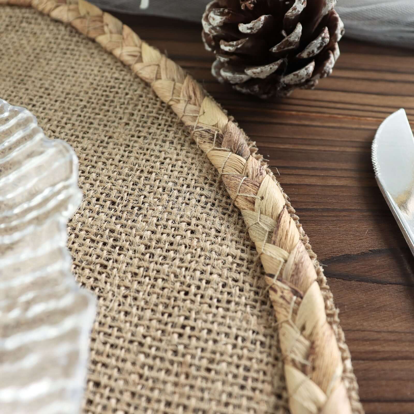 4 - Pack Placemats Braided Edge Design Natural Burlap Jute Round - Rustic Farmhouse Style with Trim 15" - Bell Racket Store