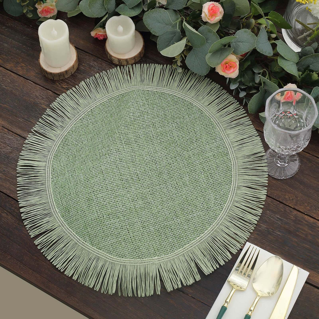 4-Pack Placemats Fringe Edge Design Sage Green Jute Round - Rustic Boho Chic Burlap Table Decor 16"