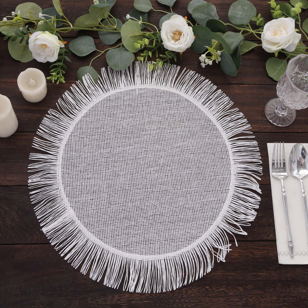 4 - Pack Placemats Fringe Edge Design White Jute Round - Rustic Boho Chic Burlap Table Decor 16" - Bell Racket Store